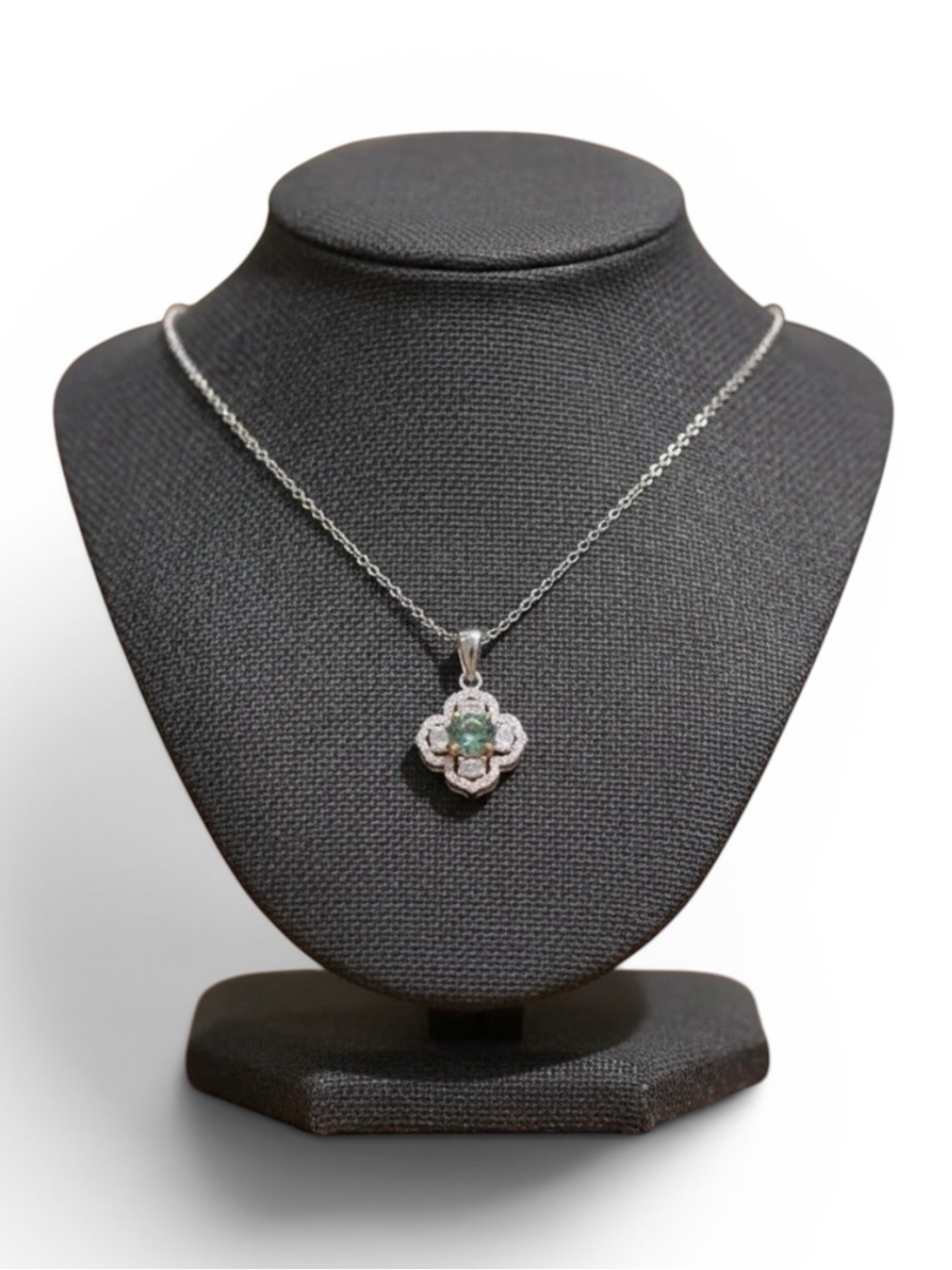 Moissanite Sterling Silver Green Blue Clover Pendant Necklace. New.